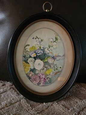 Vintage Floral Watercolor Print Oval Black Frame Cottagecore Wall Art